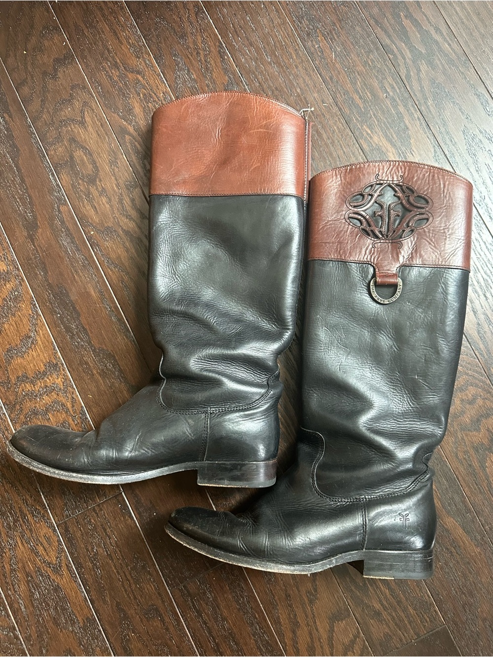 Frye Women’s Two-Tone Black and Brown Leather Riding Boots